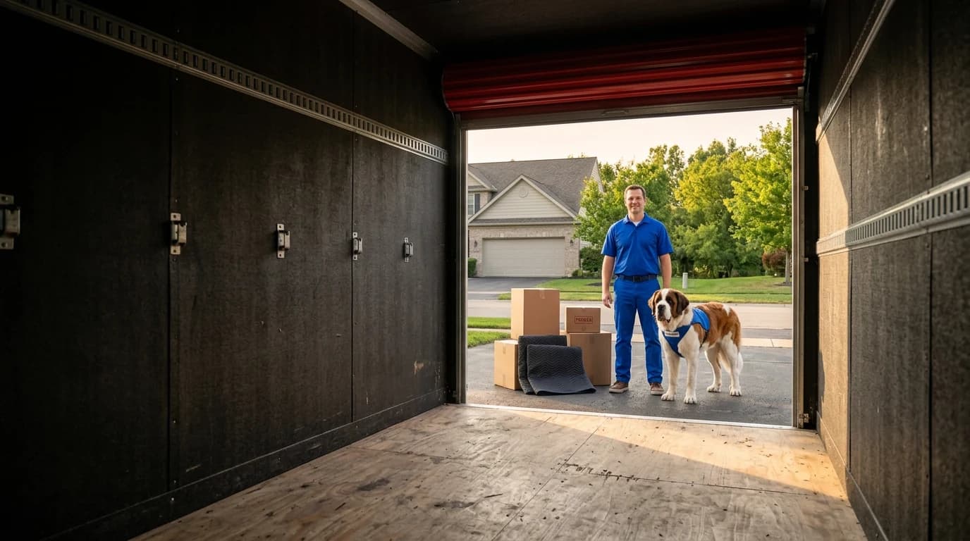 Dogs helping move boxes beside a Move Store Dump POD