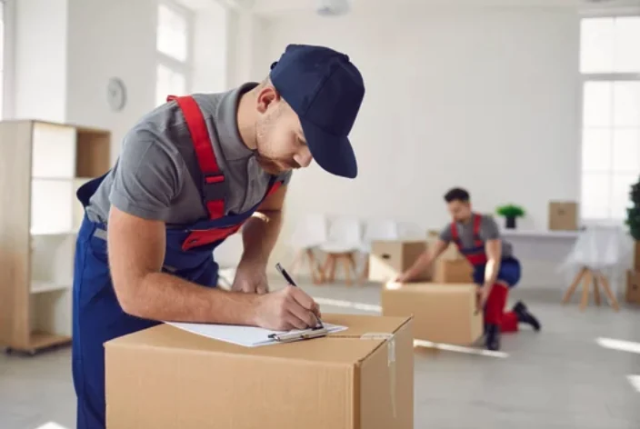 Professional mover packing boxes in a home